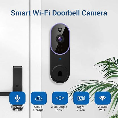 1080P Wireless Video Doorbell Camera, AI Human Detection, Two-Way Audio, Night Vision, 2.4GHz Wi-Fi, Cloud Storage, Real-Time Alerts, Easy Install