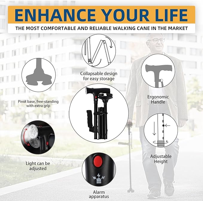 Portable Adjustable Walking Stick with LED Flashlight