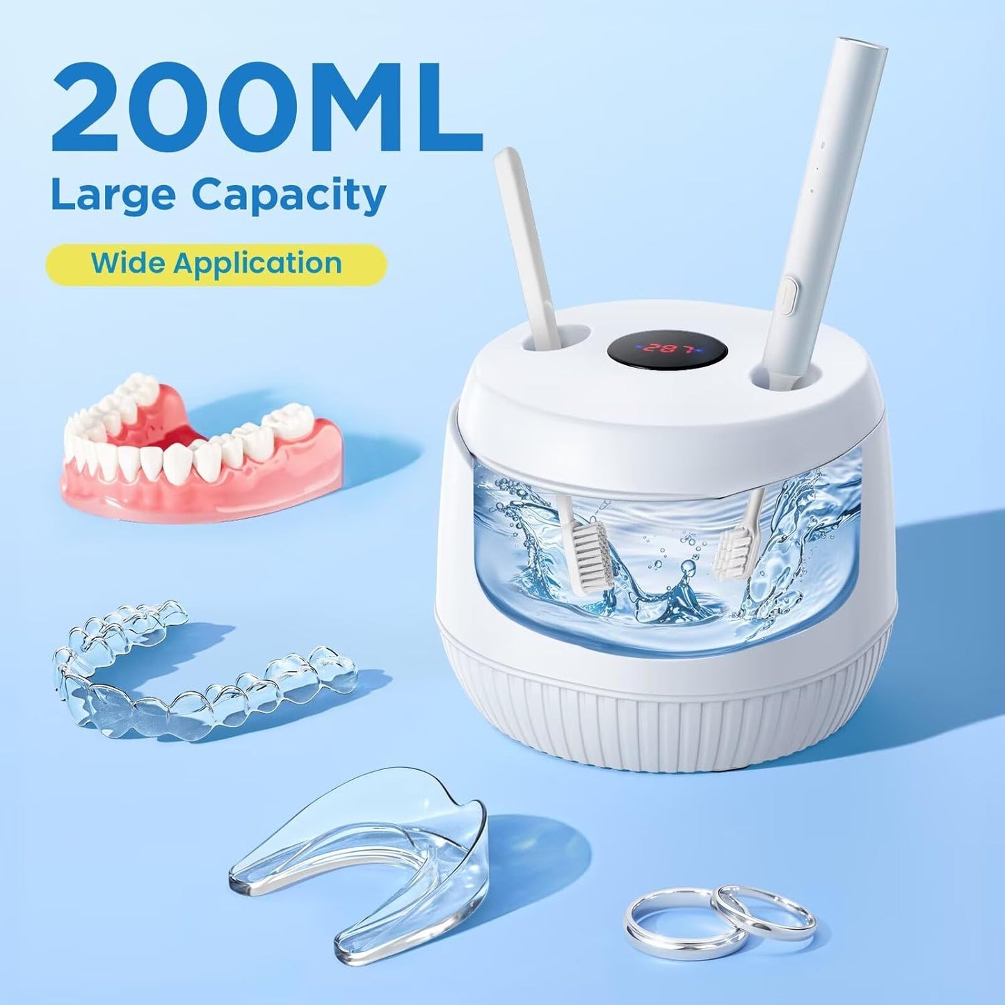 Dental Ultrasonic Retainer Cleaner Machine: 45kHz Dental Cleaning Pod with Digital Timer & 200ML, Deep Cleaning for Dentures, Mouth Guards, Aligners, Night Guards, Braces, Toothbrush Heads & Jewelry