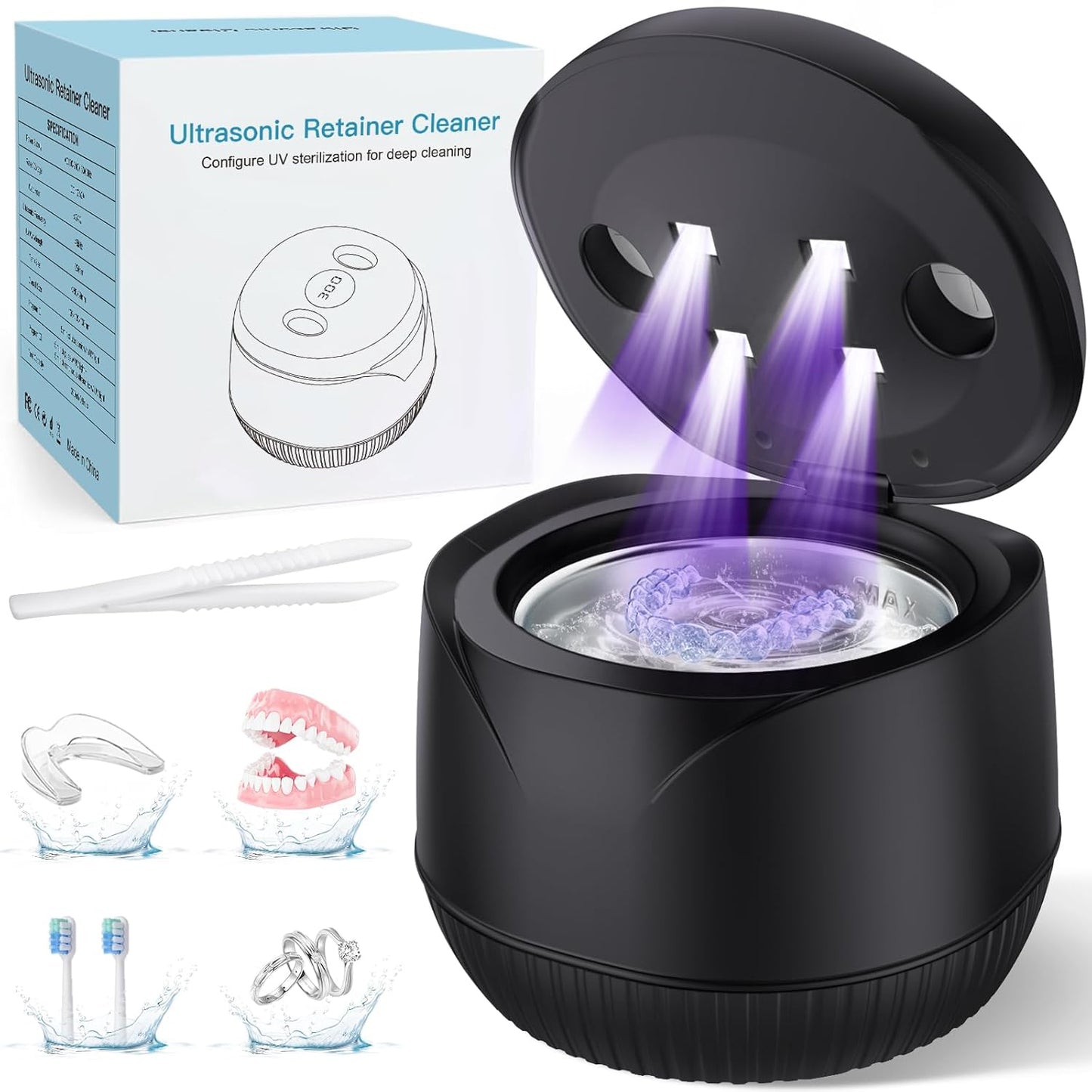 Dental Ultrasonic Retainer Cleaner Machine: 45kHz Dental Cleaning Pod with Digital Timer & 200ML, Deep Cleaning for Dentures, Mouth Guards, Aligners, Night Guards, Braces, Toothbrush Heads & Jewelry