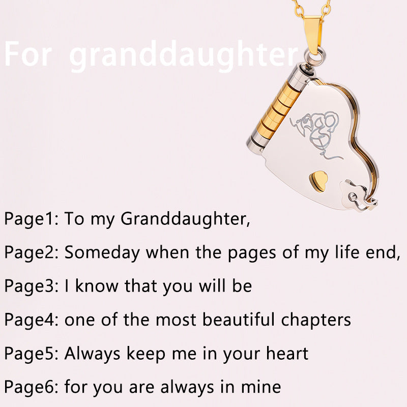 Granddaughter Book Necklace | Engraved Adjustable Pendant Gift from Grandma