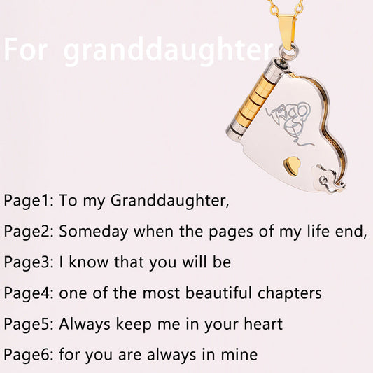 Granddaughter Book Necklace | Engraved Adjustable Pendant Gift from Grandma
