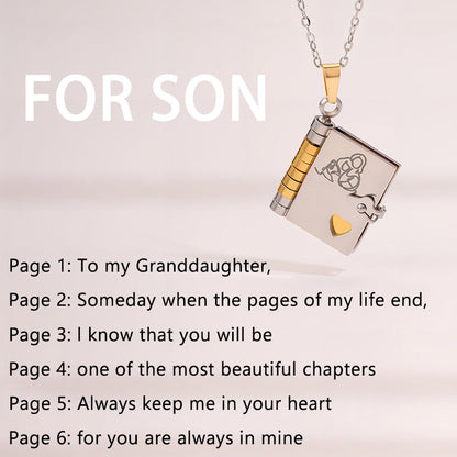 Granddaughter Book Necklace | Engraved Adjustable Pendant Gift from Grandma